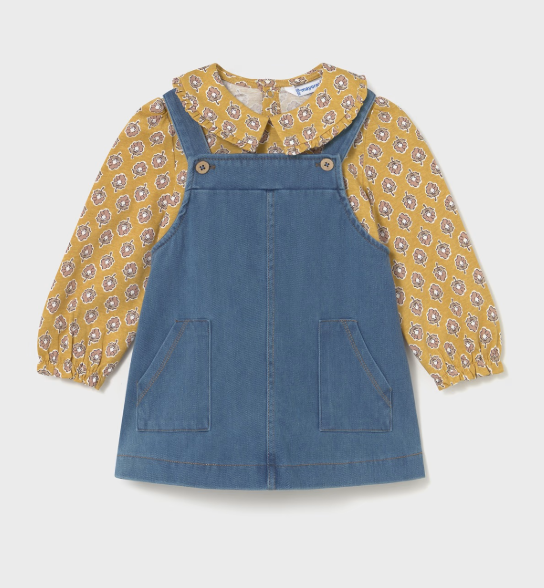 Mayoral Dungaree Dress & L/S Floral Top Style 2926 -Medium Denim